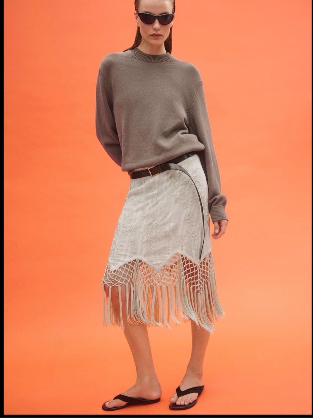 Zara Fringe Hem Embroidered Midi Skirt